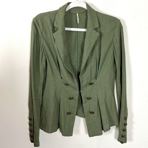 Free People Linen Military Cinched Waist Blazer Army Green Grunge Subversive XS - Picture 7 of 17